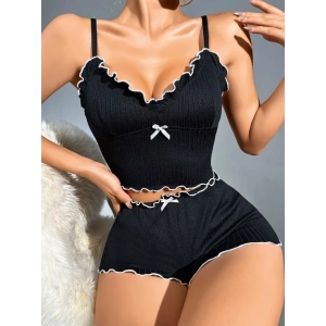 Giyim Kadın Siyah Fitilli Askılı Şortlu Pijama Takım 6659