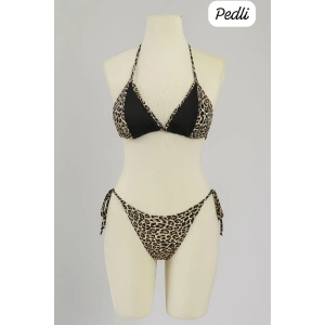Giyim Kadın Siyah Ve Leopar Detaylı Yandan Bağlamalı Bikini Takımı