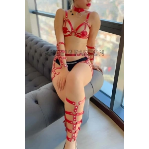 Giyim Kırmızı Deri Bacak Ve Kol Harness Detaylı Takım