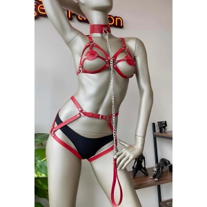 Giyim Kırmızı Deri Tasma Detaylı Şık Harness Takım