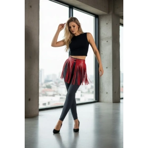 Giyim Kırmızı Etek Deri Tokalı Püsküllü Kısa Etek - Brf1400