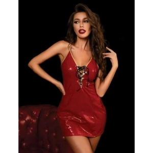 Giyim Kırmızı Göğüs Detay Fantezi Deri Elbise