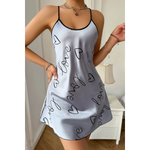 Giyim Love Baskılı Gri Saten Gecelik