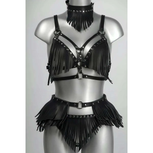 Giyim Püskül Detaylı Şık Deri Harness Takım - Brf627