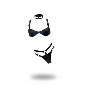 Giyim Siyah Harness Takım Deri Zımbalı Halkalı Bralet Seti - Brf1298
