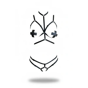 Giyim Siyah Harness Takım Yüksek Boyunlu Vücut Sarmalayan - Brf144