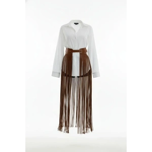 Giyim Taba Etek Uzun Püsküllü Suni Deri Etek - Brf1003