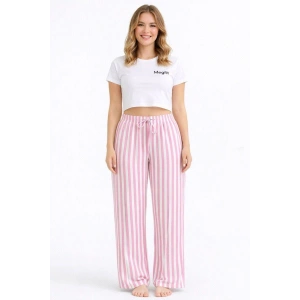 Giyim Viskon Pamuklu Kadın Pudra Pembe Çizgili Pijama Pantolon - Mg004 -