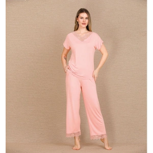 Giyim Viskon Şık Tasarım Dantel İşlemeli Açık Pembe Kısa Kol Pijama Takımı