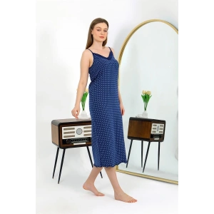 İp Askılı Uzun Yırtmaçlı Penye Gecelik Lacivert