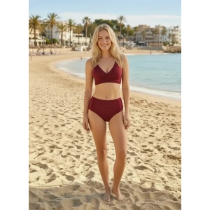 Kadın Bordo Yüksek Bel Konforlu Bikini Takımı Hızlı Kuruyan Kumaş
