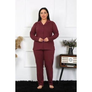 Kadın Büyük Beden Pamuklu Cepli Düğmeli Mürdüm Pijama Takım
