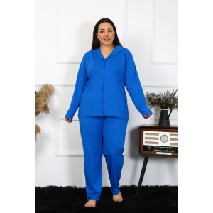Kadın Büyük Beden Pamuklu Cepli Düğmeli Saks Pijama Takım