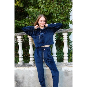 Kadın Kadife Kapşonlu Eşofman Takım Lacivert