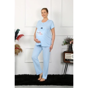 Kadın Kısa Kol Hamile Lohusa Pijama Takımı Mavi