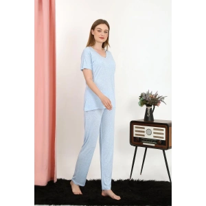 Kadın Kısa Kol Pamuk Penye Pijama Takım Mavi