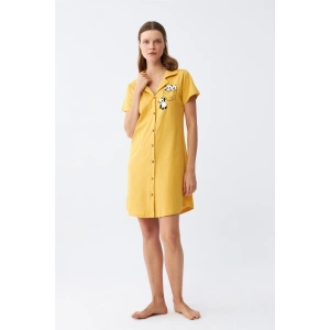 Kadın Pamuk Penye Kısa Kol Düğmeli Sarı Tunik Gecelik
