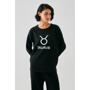 Kadın Siyah Boğa Burcu Oversize 2 İplik Eşofman Ev Giyim Takımı