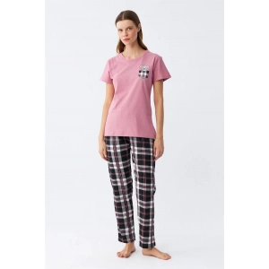 Kadın Somon Ayıcık Baskılı Ekoseli Penye Pijama Takımı
