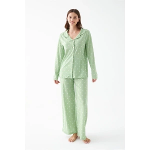 Kadın Yeşil Kalp Desenli Düğmeli Pamuklu Pijama Takımı