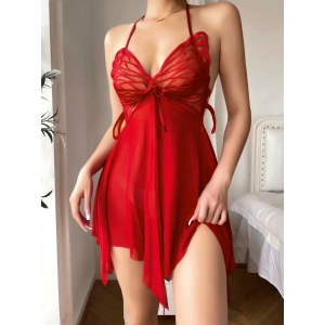 Kırmızı Butterfly Lace Kelebek İşlemeli Tül Fantezi Gecelik