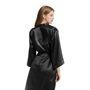 Siyah Saten Bride Sabahlık Zarif Kadın Ev Giyim