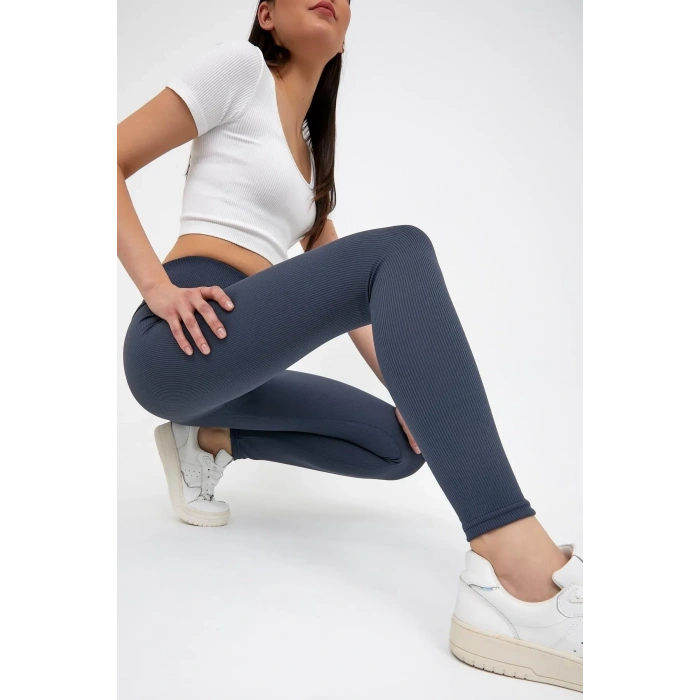 Lacivert Yüksek Bel Fitilli Tayt 0608