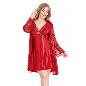 Büyük Beden Kırmızı Kısa İkili Saten Sabahlık Gecelik Takımı