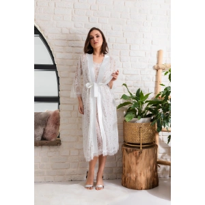 Gelin Set Transparan Midi Boy Kuşaklı Sabahlık Ekru (mgp12176)