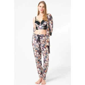 Kadife Çiçek Desenli Sabahlık Balenli Destekli Dolgulu Yaka Detaylı Dantelli Büstiyer Sütyen Ve Pantolon Pijama 3lü Takım