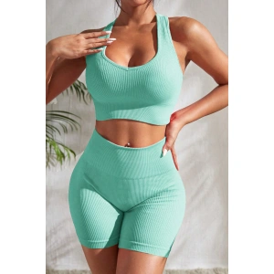 Kadın Açık Mavi Yüksek Bel Çapraz Sırt Detaylı lu Gecelik Takım