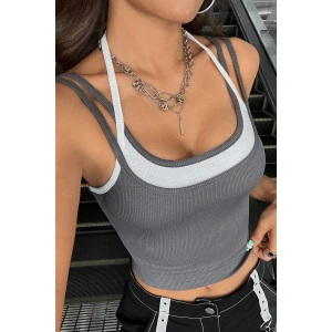 Kadın Antrasit Gri Beyaz Çift Renk Çapraz Askılı Crop Top Bluz