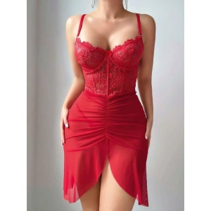 Kadın Ateş Kırmızısı Önden Yırtmaçlı Tül Fantezi Gecelik 2241