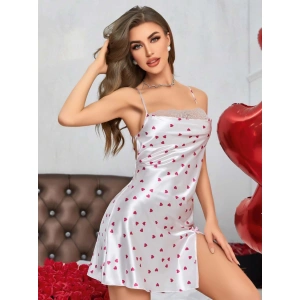 Kadın Beyaz Fuşya Kalp Desenli Saten Gecelik 2219