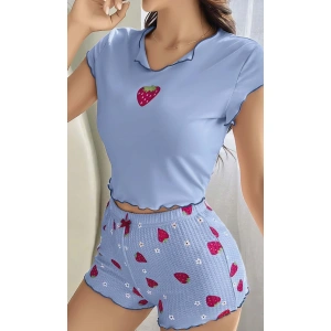 Kadın Çilek Desenli Bebe Mavi Seksi Gecelik Takım 6638