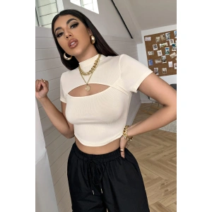 Kadın Ekru Göğüs Dekolteli Yarım Kollu Cut Out Crop Top Bluz