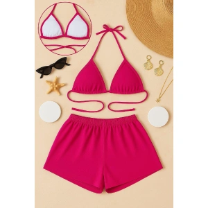 Kadın Fuşya lu Belden Ve Boyundan Bağlamalı Bikini Takımı