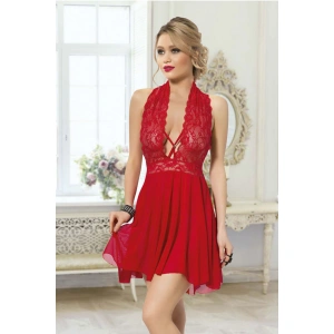Kadın Kırmızı Çapraz Bağlı Kısa Tül Dantel Gecelik