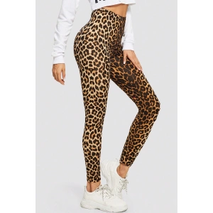 Kadın Leopar Desenli Yüksek Bel Dar Kesim Esnek Tayt