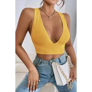 Kadın Sarı Çapraz Sırt Detaylı Şık Crop Top Büstiyer