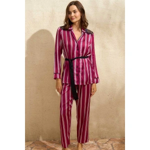 Kadın Saten Çizgili Düğmeli Uzun Kol Dantelli Gömlek Ve Pantolon Pijama Takım