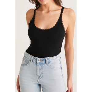 Kadın Siyah Normal Kalıp Dantel Detalı Ince Askılı Oyuk Yaka Atlet