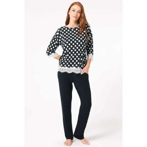 Kadın Viskon Puantiyeli Uzun Kol Dantelli Sweatshirt Ve Pantolon Pijama Takım