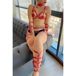 Kırmızı Deri Bacak Ve Kol Harness Detaylı Takım