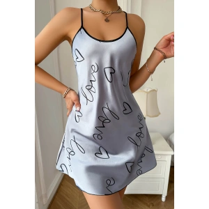 Love Baskılı Gri Saten Gecelik