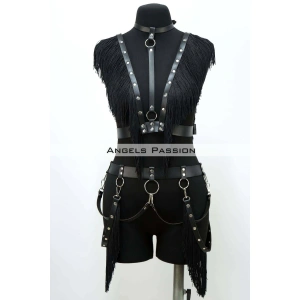 Püslüllü Deri Harness Takım, Püsküllü Elbise Aksesuarı - Brf768