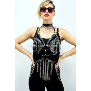 Zincirli Deri Harness, Deri Dansçı Kostüm, Choker Detaylı Deri Harness - Brf1397
