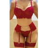 Dantel Göğüs Dekolteli Zincirli Bordo Jartiyer Takım 2078