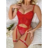 Dantel Transparan Kırmızı Badysuit 4lü Takım 7003