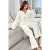 Kadın Beyaz Önden Bağlamalı Kolu Ve Paçası Fırfır Detaylı Uzun Kollu Pijama Takımı